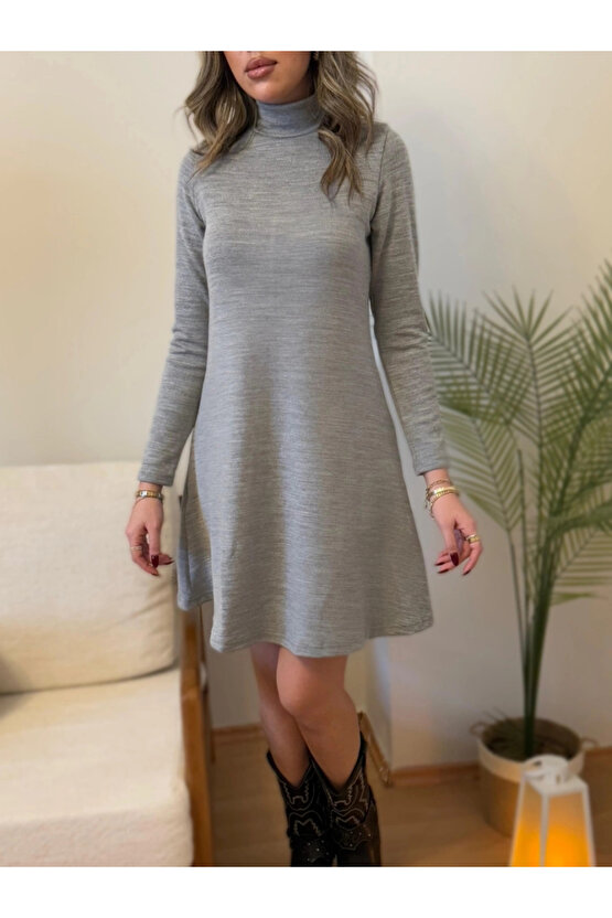 Kadın Uzun Kollu Balıkçı Yaka Salaş Kusa Akrilik Elbise