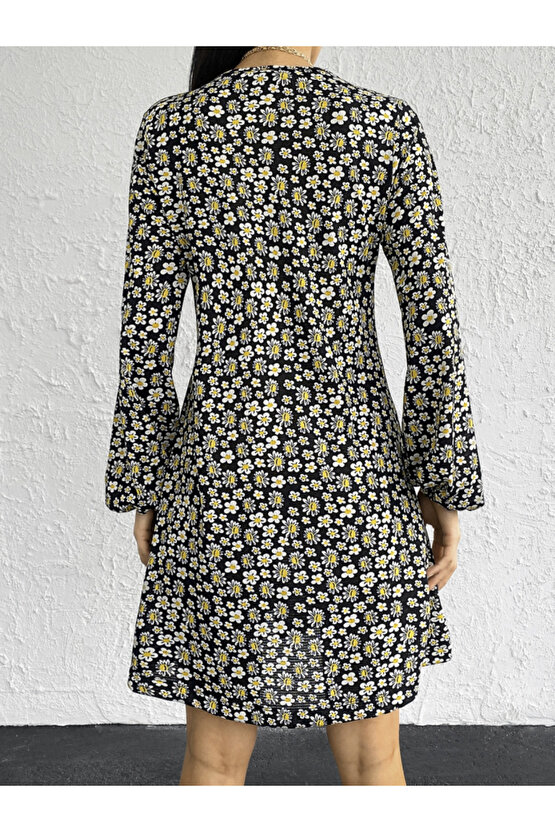 EQURİ Kadın Uzun Kollu V Yaka çiçek Desenli Helen Kumaş Elbise