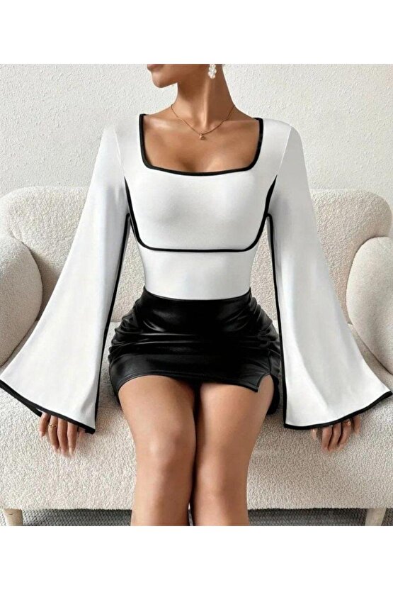 Kadın U Yaka Siyah şerit Detyalı Yarasa Kol Dalgıç Kumaş Arabiyeli Bluz