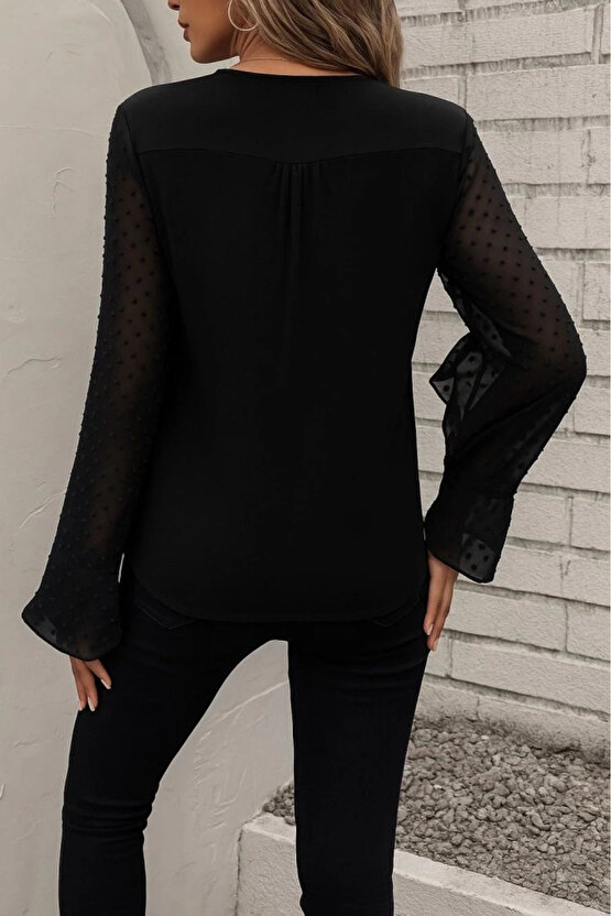 Kadın Uzun Kollu V Yakalı Kolları Ispanyol Detayı Sandy Bluz