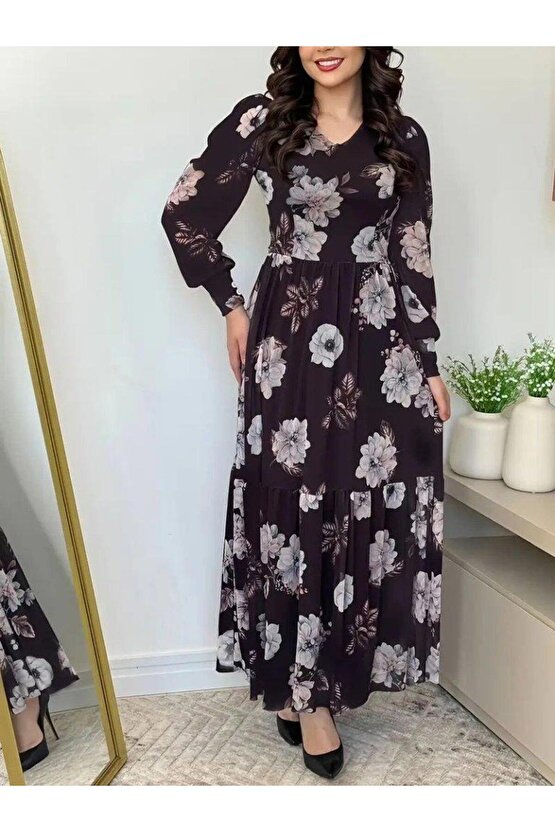 Kadın Uzun Kollu V Yakalı çiçek Desenli Maxi Süprem Elbise