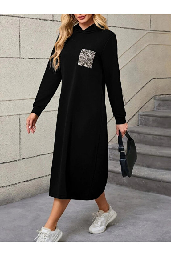 Kadın Uzun Kollu Kapşonlu Cep Detaylı Viskon Iki Iplik Maxi Elbise