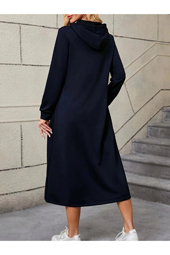 Kadın Uzun Kollu Kapşonlu Cep Detaylı Viskon Iki Iplik Maxi Elbise