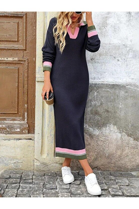 Kadın Uzun Kollu Yakalı çok Renkli Triko Uzun Elbise