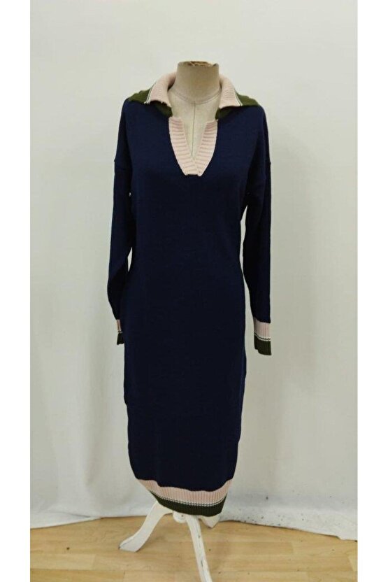 Kadın Uzun Kollu Yakalı çok Renkli Triko Uzun Elbise