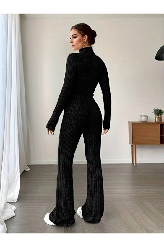 Kadın Uzun Kollu Balıkçı Yaka Krop Ve Pantolon şardonlu Kaşkorse Ikili Takım