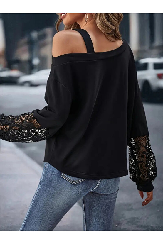 Kadın Uzun Kollu Tek Omuzu Açık Dantelli Viskon Iki Iplik Bluz