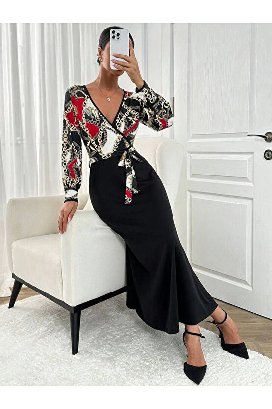 Kadın Uzun Kollu Kruvaze Yaka Dalgıç Krep Midi Boy Elbise