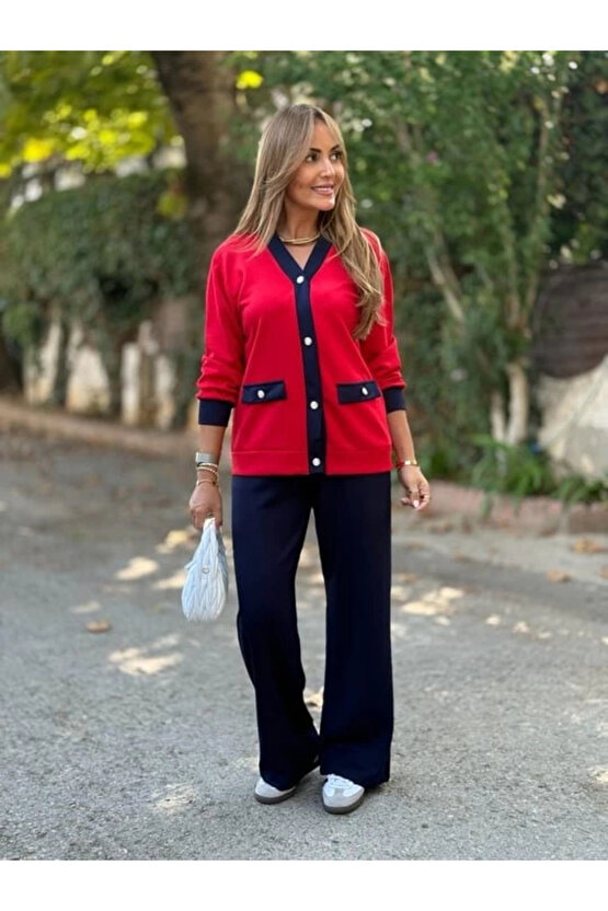 Kadın Uzun Kollu Ribanali Cep Detay Hırka Ve Bol Paça Pantolon Ikili Takım