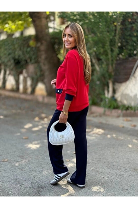 Kadın Uzun Kollu Ribanali Cep Detay Hırka Ve Bol Paça Pantolon Ikili Takım