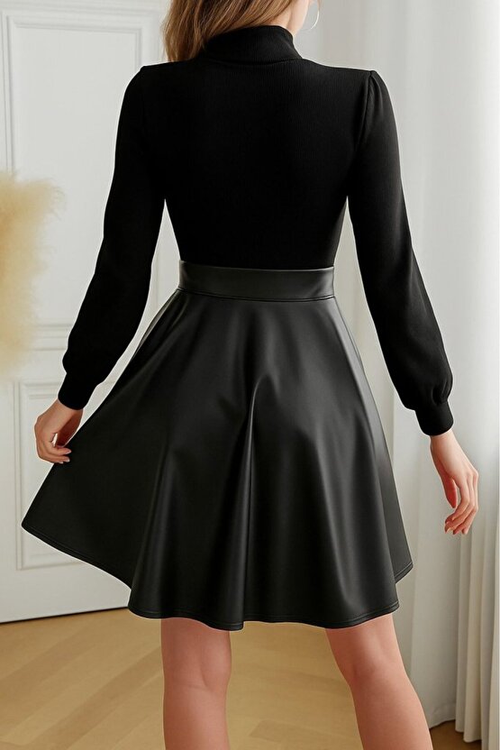 EQURİ Kadın Uzun Kollu Balıkçı Yaka üst Kaşkorse Alt Deri Detaylı Mini Elbise