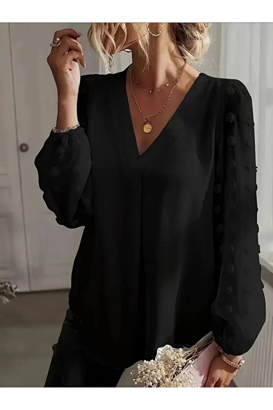 EQURİ Kadın Uzun Kollu V Yakalı Kolları Popon Detaylı Sandy Bluz