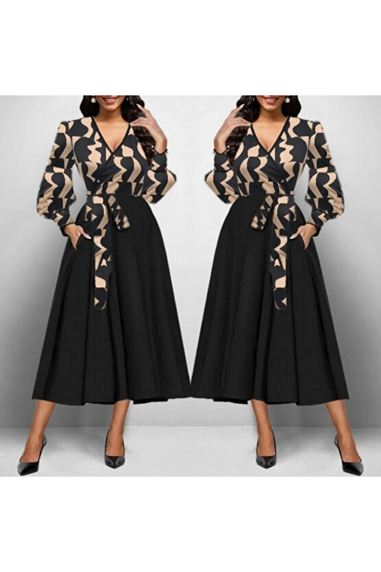 Kadın Uzun Kollu Kruvaze Yaka Dalgıç Krep Midi Boy Elbise