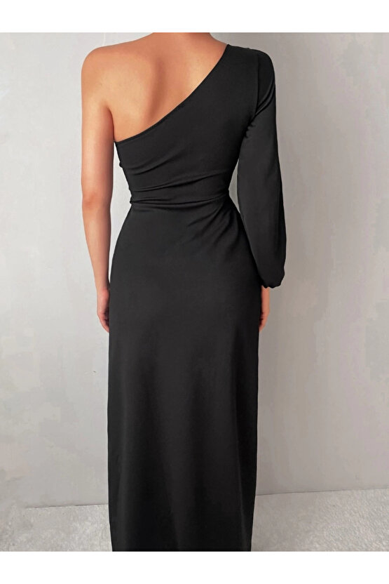 EQURİ Tek Omuz Açık Derin Yırtmaçlı Krep Tam Boy Elbise