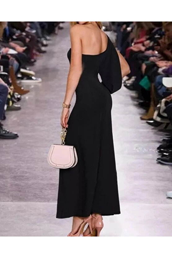 EQURİ Tek Omuz Açık Derin Yırtmaçlı Krep Tam Boy Elbise