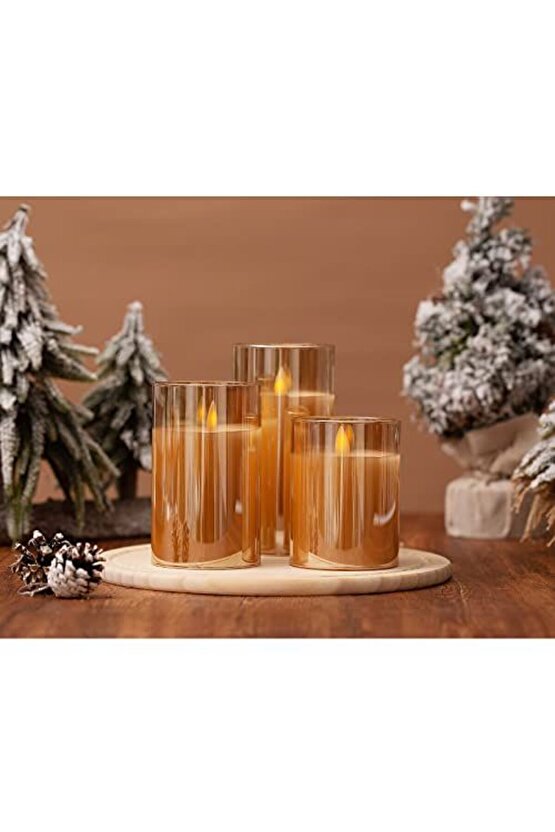 3D Mum Efektli 3lü Mum Set, Pilli Dekoratif Mum Efektli Şamdan, Masa, Gece Lambası 3lü Mum Set