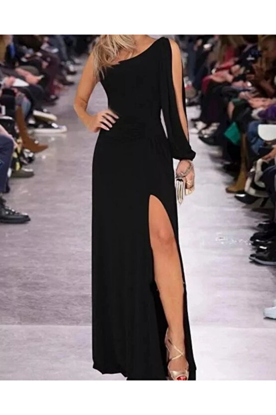 EQURİ Tek Omuz Açık Derin Yırtmaçlı Krep Tam Boy Elbise