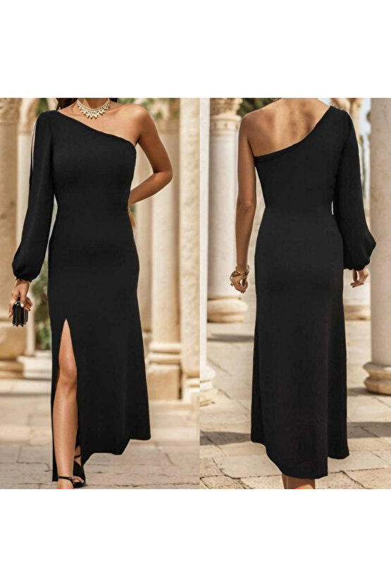 EQURİ Tek Omuz Açık Derin Yırtmaçlı Krep Tam Boy Elbise