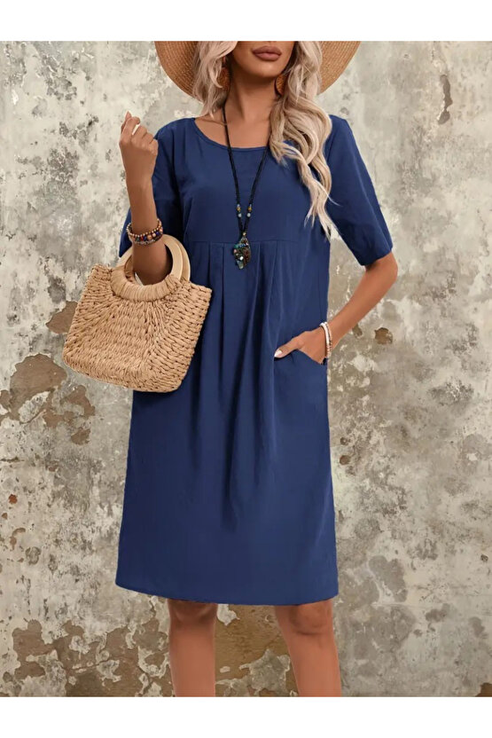 Kadın Kısa Kollu Yakası Açık önden Büzgülü Cep Detaylı Viskon Iki Iplik Elbise