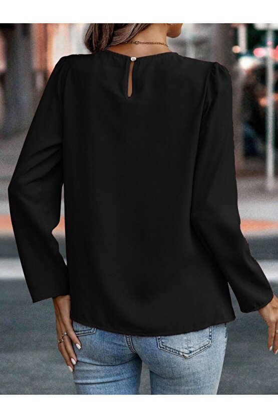 EQURİ Kadın Uzun Kollu Yuvarlak önden Pileli Ithal Krep Bluz