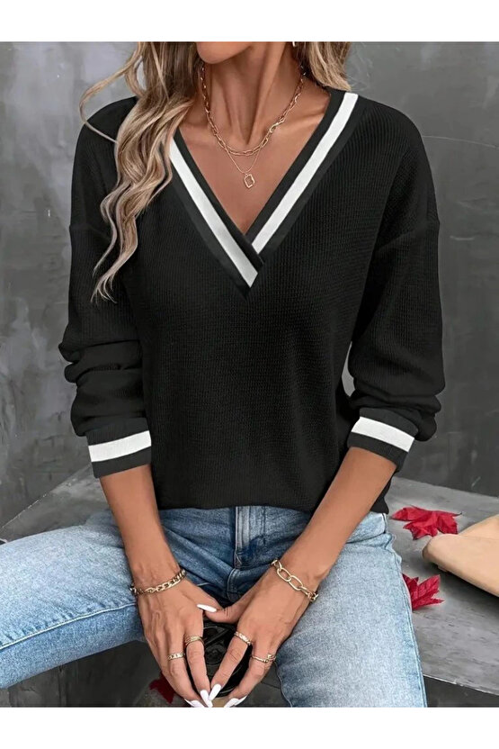 Kadın Uzun Kollu V Yakalı Waffle Bluz