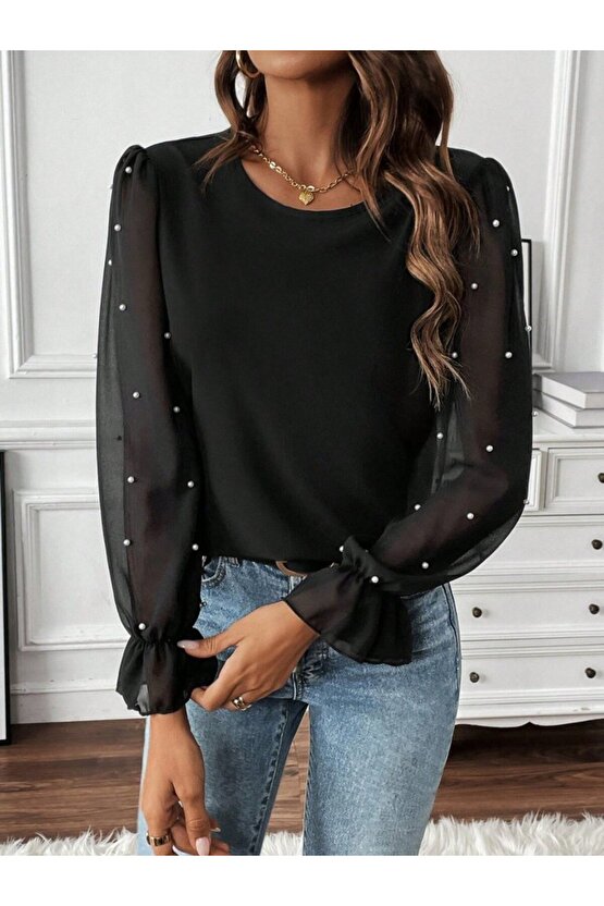 EQURİ Kadın Uzun Kollu Bisiklet Yaka Tül Detaylı Incili Ithal Krep Bluz