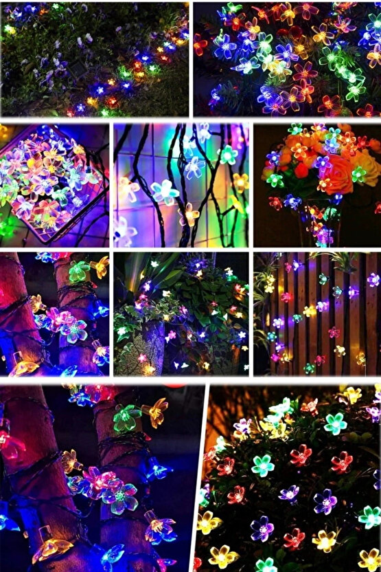 Güneş Enerjili, 20 Watt, RGB, 5 Metre 7 Modlu Işık Zinciri, Güneş Enerjili 5 Metre Çiçek Bahçesi