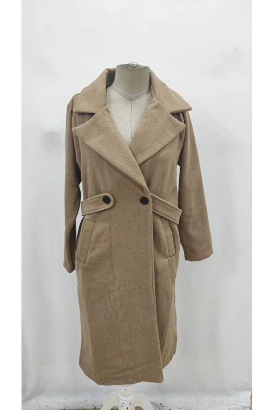 Kadın Uzun Kollu Yakalı Belde şerit Düğme Detaylı Cepli Mini Kaşe Kaban