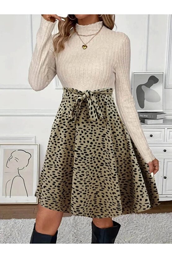 Kadın Uzun Kollu Balıkçı Yaka Belden Bağlamalı üst Kaşkorse Eteği Dalgıç Elbise