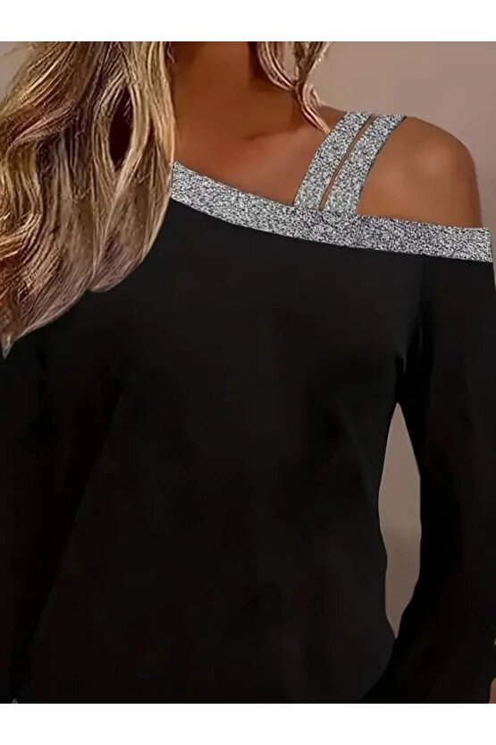 EQURİ Kadın Uzun Kollu Omuzdan Askılı Sim Detaylı Viskon Iki Iplik Bluz