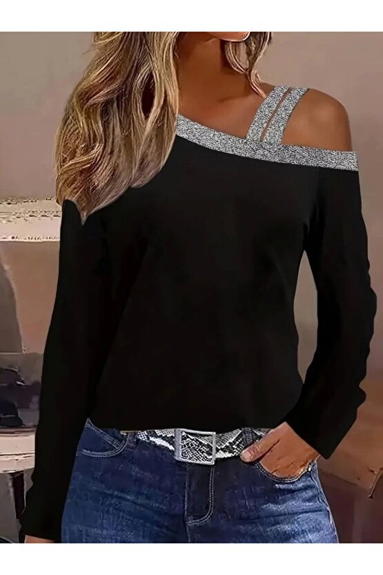 EQURİ Kadın Uzun Kollu Omuzdan Askılı Sim Detaylı Viskon Iki Iplik Bluz