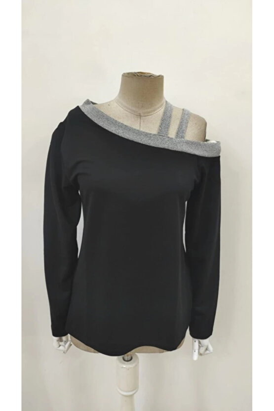 EQURİ Kadın Uzun Kollu Omuzdan Askılı Sim Detaylı Viskon Iki Iplik Bluz