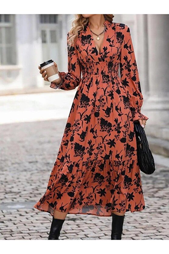 Kadın Uzun Kollu Kruvaze Yakalı çiçek Desenli Maksi Süprem Elbise