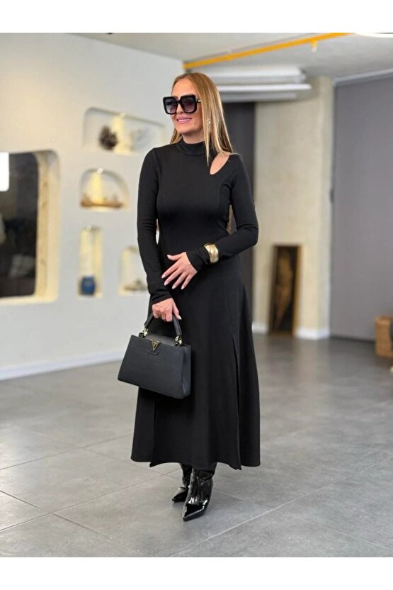 EQURİ Kadın Balıkçı Yaka Damla Detaylı Yırtmaçlı Uzun Viskon Iki Iplik Maxi Elbise