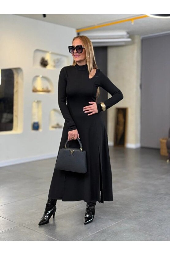 EQURİ Kadın Balıkçı Yaka Damla Detaylı Yırtmaçlı Uzun Viskon Iki Iplik Maxi Elbise