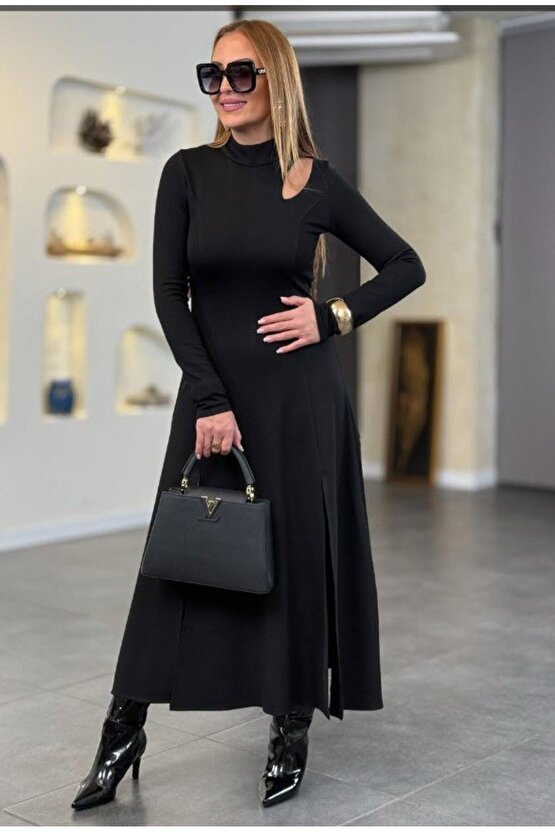 EQURİ Kadın Balıkçı Yaka Damla Detaylı Yırtmaçlı Uzun Viskon Iki Iplik Maxi Elbise