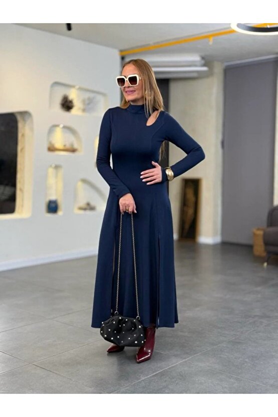 EQURİ Kadın Balıkçı Yaka Damla Detaylı Yırtmaçlı Uzun Viskon Iki Iplik Maxi Elbise