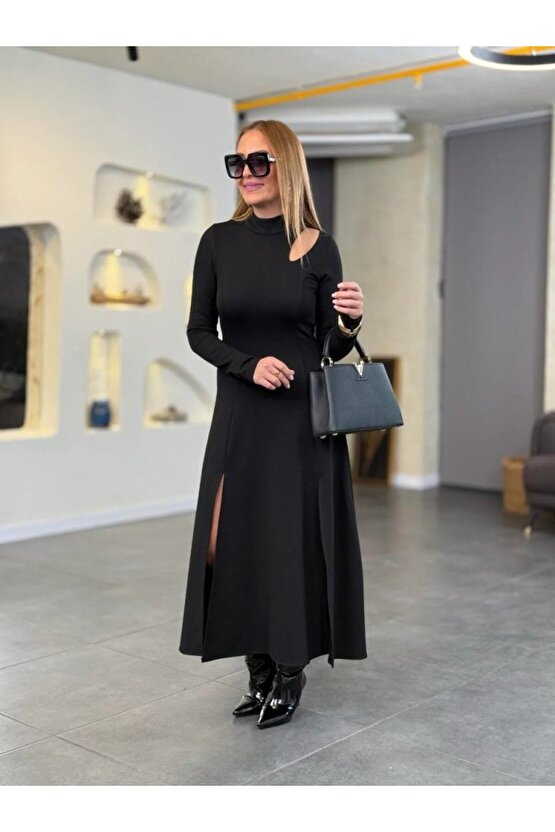 EQURİ Kadın Balıkçı Yaka Damla Detaylı Yırtmaçlı Uzun Viskon Iki Iplik Maxi Elbise