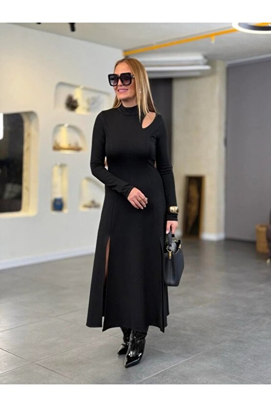 EQURİ Kadın Balıkçı Yaka Damla Detaylı Yırtmaçlı Uzun Viskon Iki Iplik Maxi Elbise