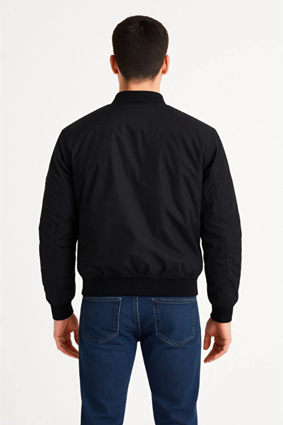 EQURİ Erkek Içi Astarlı Fermuarlı Bomber Mont Ceket - Siyah