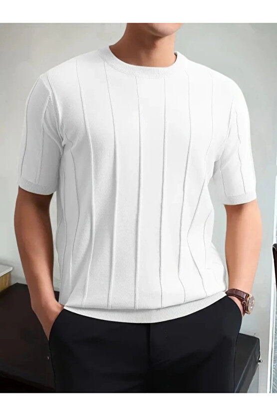 Erkek Kısa Kollu Bisiklet Yaka çizgili Triko Tshirt