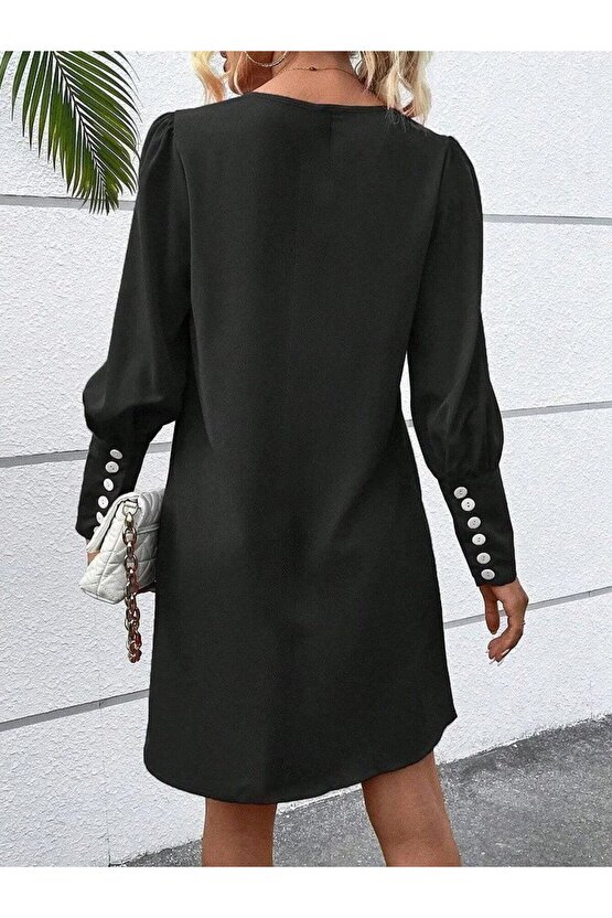 EQURİ Kadın Uzun Kollu V Yakalı Kısa Ithal Krep Elbise