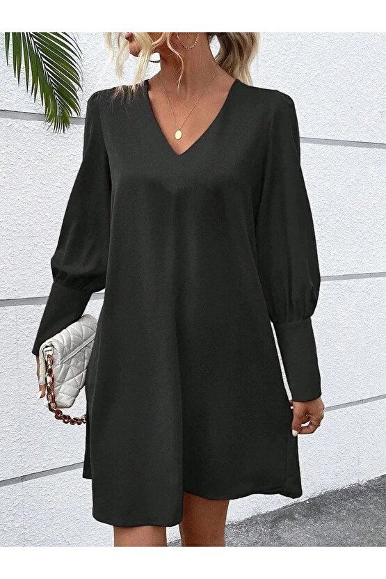 EQURİ Kadın Uzun Kollu V Yakalı Kısa Ithal Krep Elbise