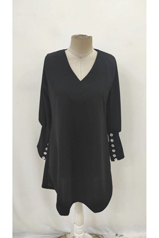 EQURİ Kadın Uzun Kollu V Yakalı Kısa Ithal Krep Elbise