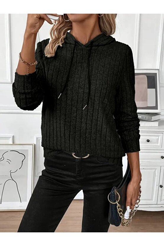 EQURİ Kadın Uzun Kollu Kapşonlu Bağcıklı şardonlu Kaşkorse Bluz