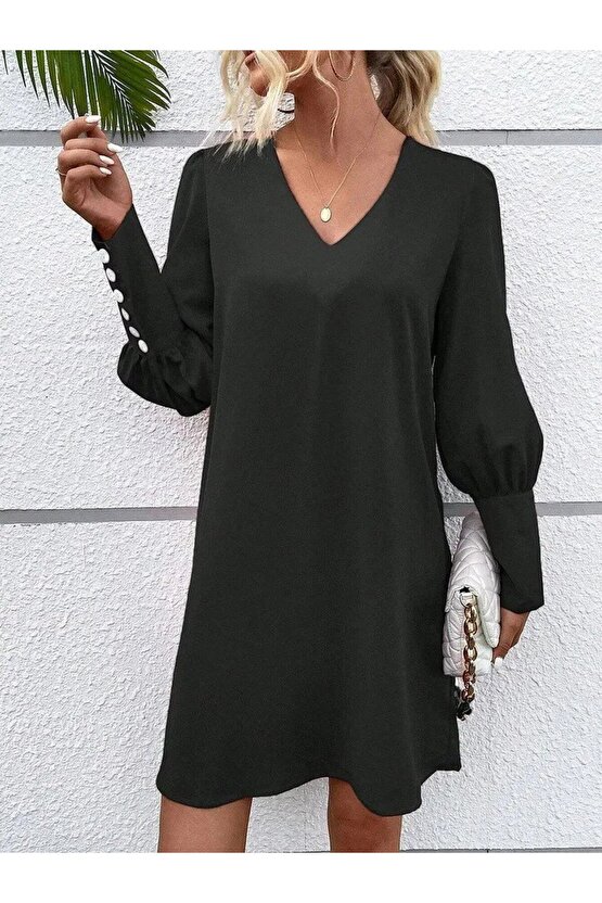 EQURİ Kadın Uzun Kollu V Yakalı Kısa Ithal Krep Elbise