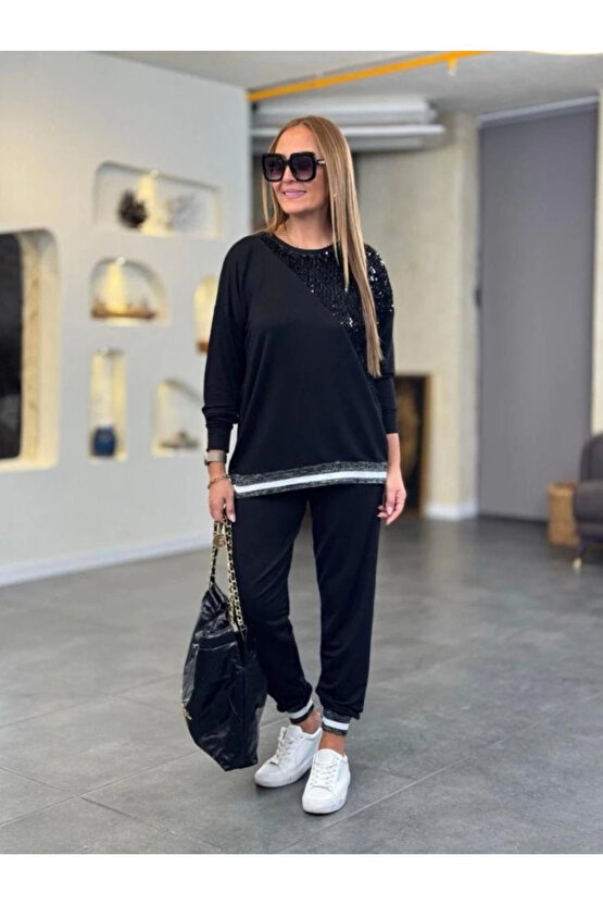EQURİ Kadın Modal Kumaş Payetli Sim Ve Ribanalı Detay Ikili Takım