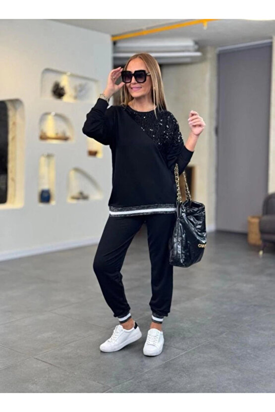 EQURİ Kadın Modal Kumaş Payetli Sim Ve Ribanalı Detay Ikili Takım