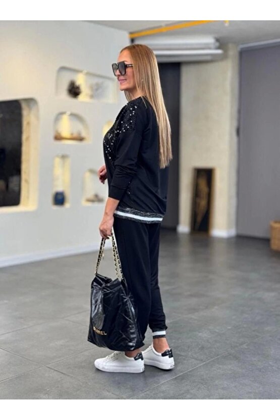 EQURİ Kadın Modal Kumaş Payetli Sim Ve Ribanalı Detay Ikili Takım