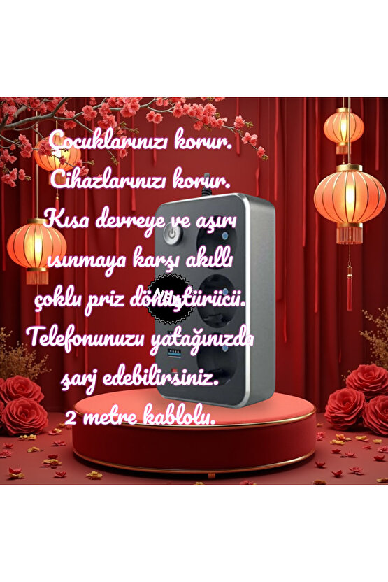 2 Metre Kablolu, Akım, Çocuk, Cihaz Korumalı, 2 USB - A, 1 TYPE-C, 3 Prizli Akıllı Priz Çoklayıcı